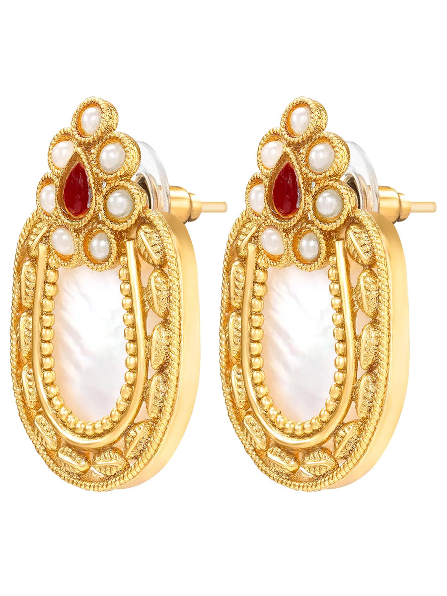 Peora Floral Heritage Ruby Stone Stud Earrings