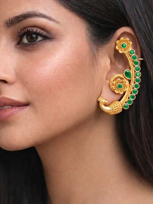 Peora Royal Peacock Green Ear Cuff Earrings - Gold