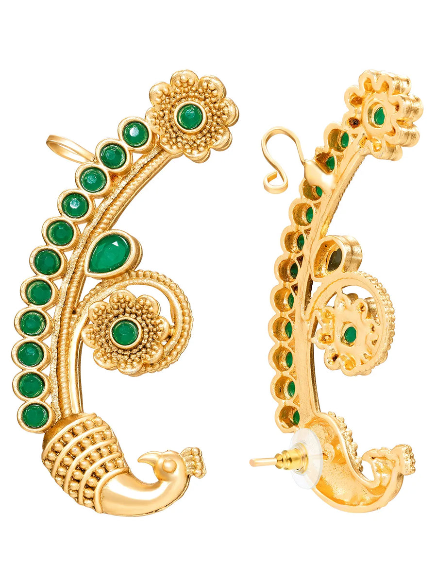 Peora Royal Peacock Green Ear Cuff Earrings - Gold