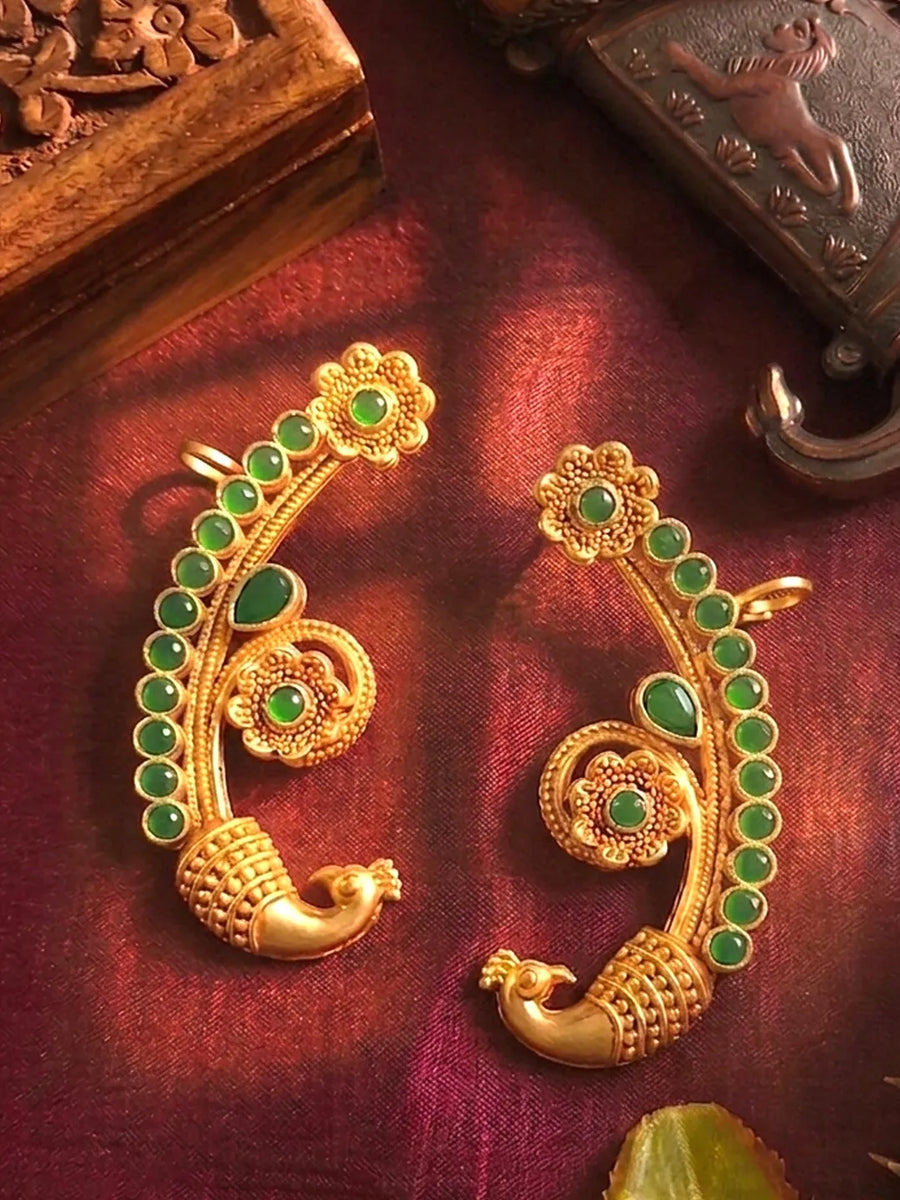 Peora Royal Peacock Green Ear Cuff Earrings - Gold