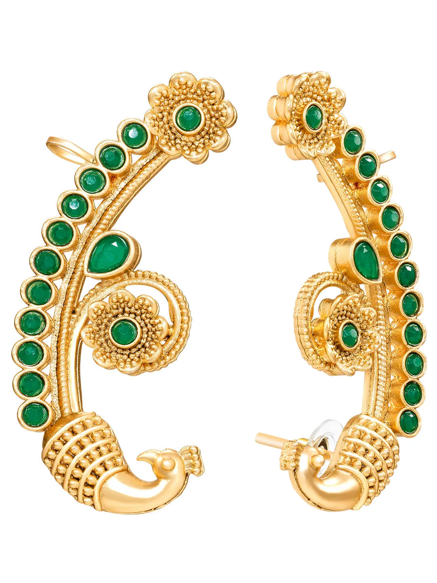 Peora Royal Peacock Green Ear Cuff Earrings - Gold