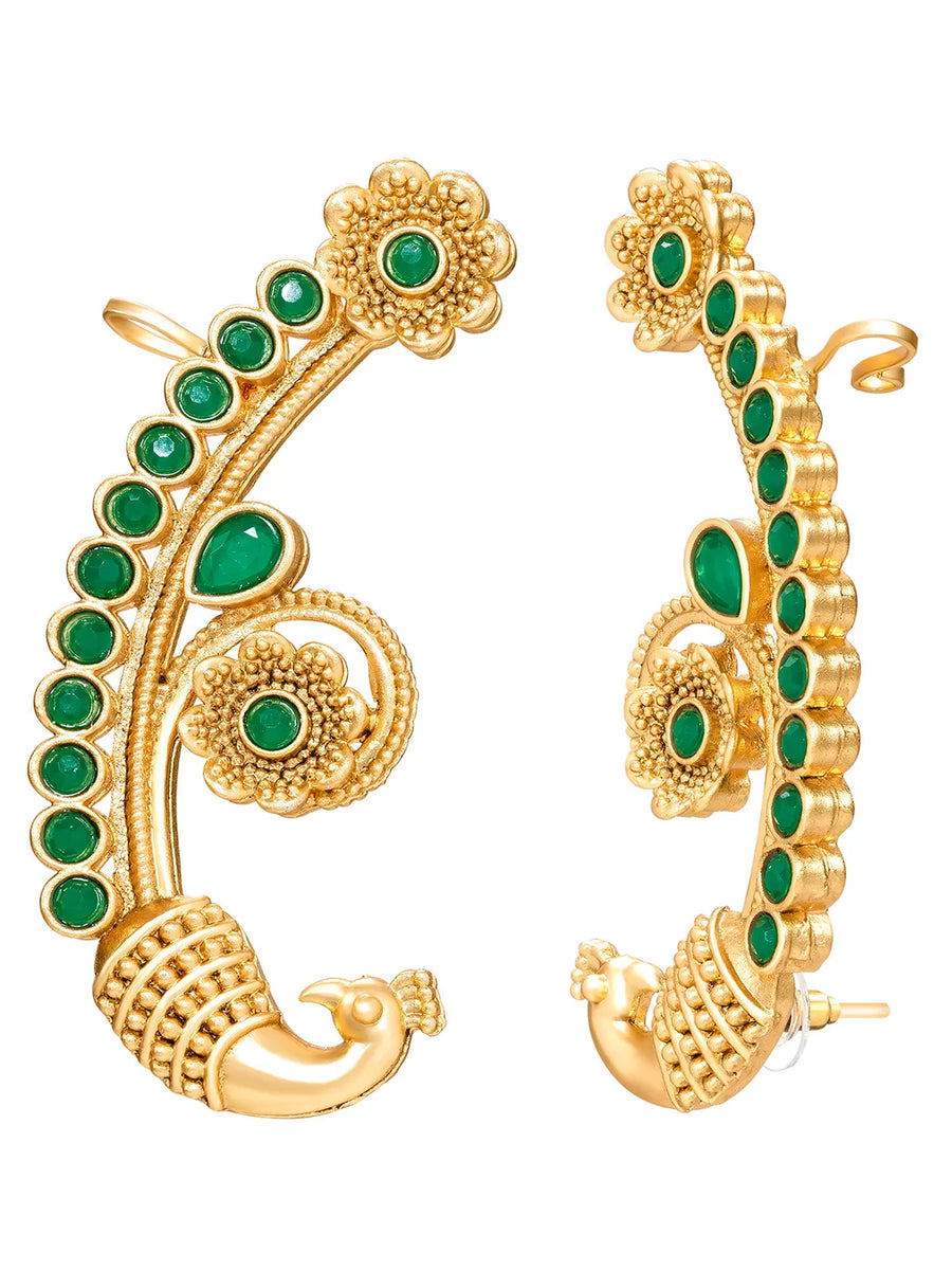 Peora Royal Peacock Green Ear Cuff Earrings - Gold