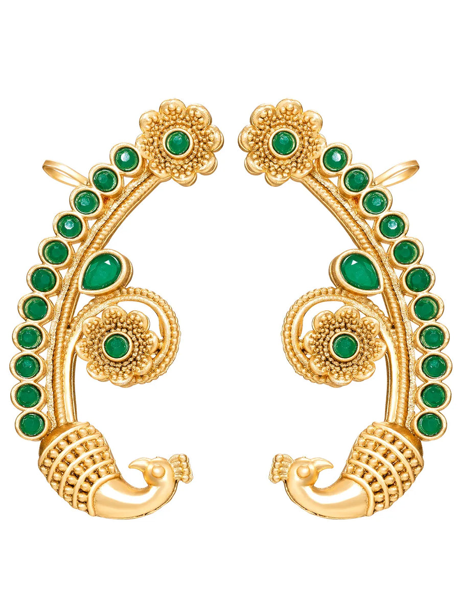 Peora Royal Peacock Green Ear Cuff Earrings - Gold