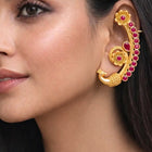 Peora Royal Peacock Ruby Ear Cuff Earrings - Gold