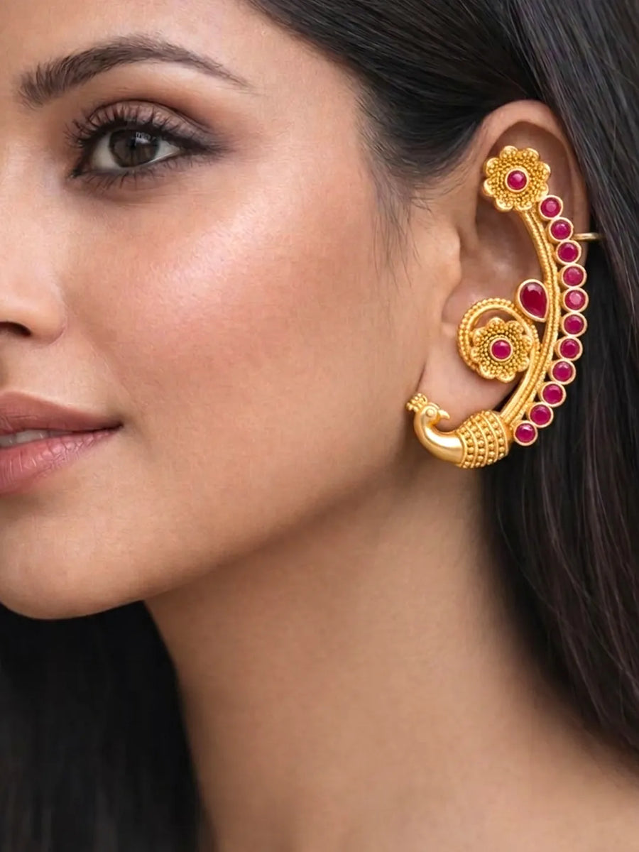 Peora Royal Peacock Ruby Ear Cuff Earrings - Gold