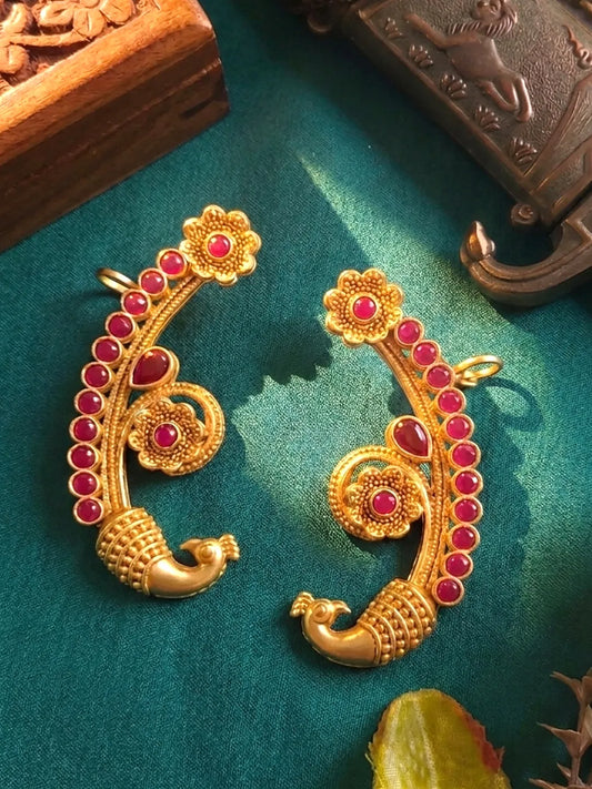 Peora Royal Peacock Ruby Ear Cuff Earrings - Gold