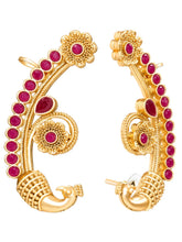 Peora Royal Peacock Ruby Ear Cuff Earrings - Gold