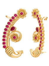 Peora Royal Peacock Ruby Ear Cuff Earrings - Gold
