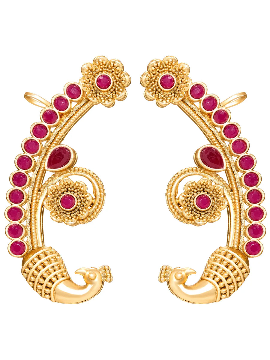 Peora Royal Peacock Ruby Ear Cuff Earrings - Gold