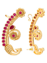 Peora Royal Peacock Ruby Ear Cuff Earrings - Gold