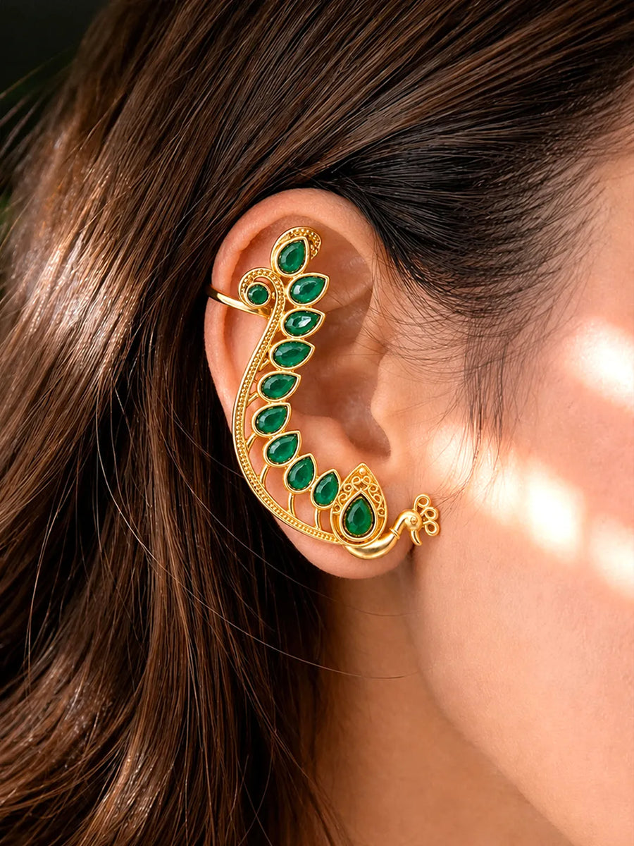 Peora Mayuri Green Ear Cuff Earrings - Gold