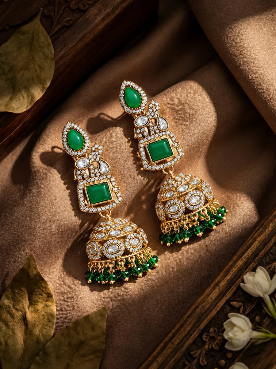 Gold Plated Emerald Kundan Drop Earrings