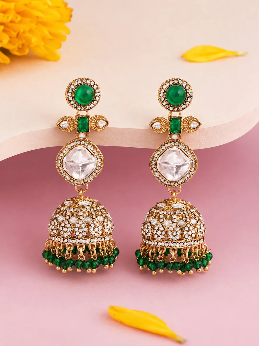 Gold Plated Green Classic Kundan Earrings