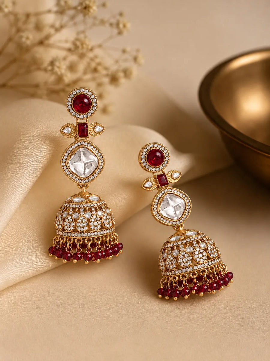 Gold Plated Maroon Royal Kundan Earrings