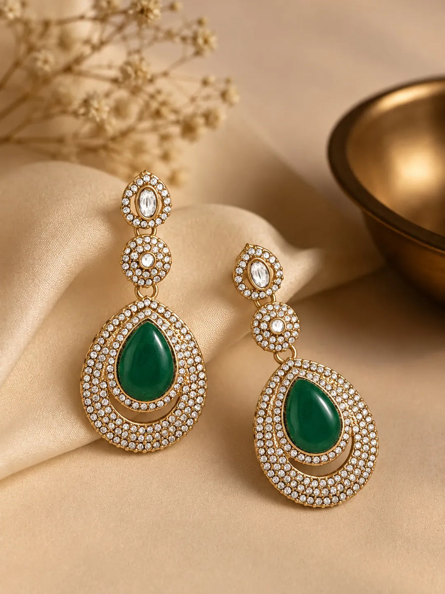 Gold Plated Green Grace Kundan Drop Earrings