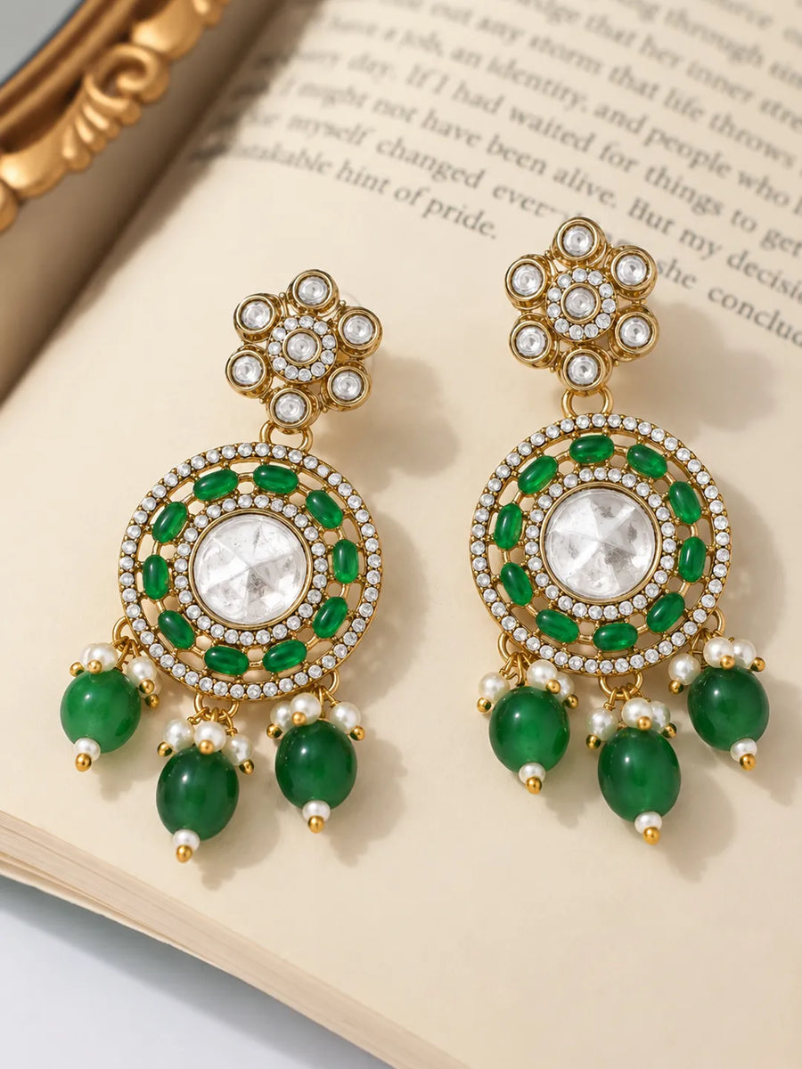 Gold Plated Green Floral Charm Earrings