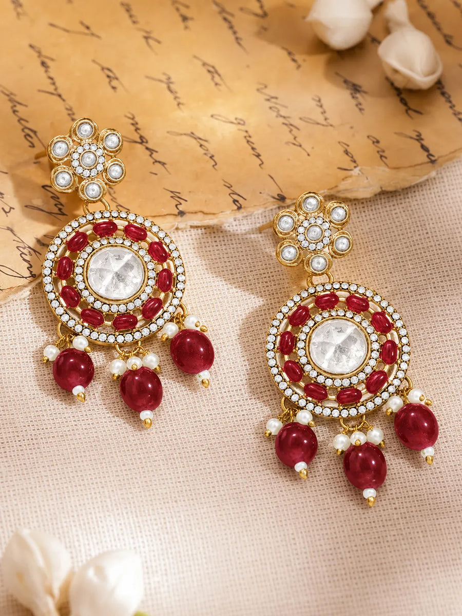 Gold Plated Maroon Floral Regal Earrings