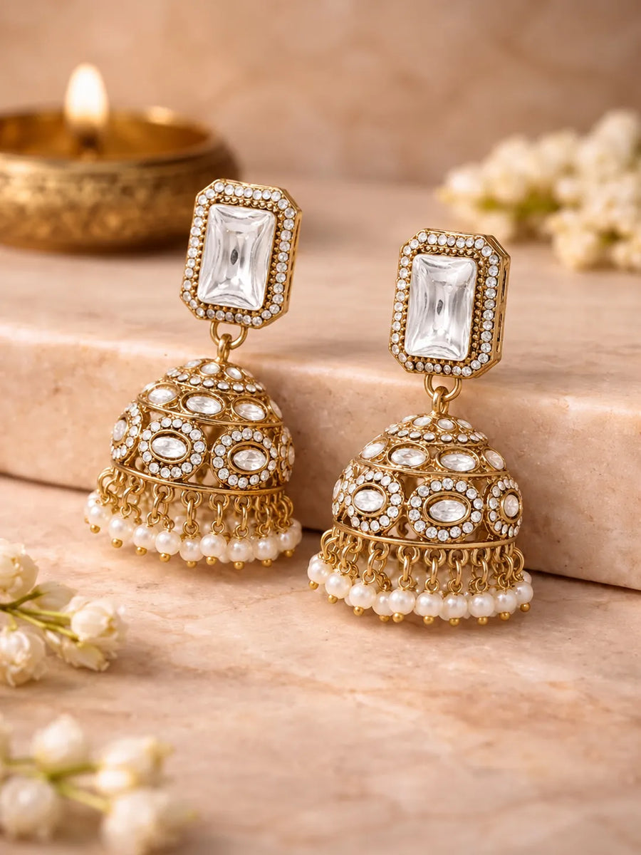 Gold Plated White Luxe Kundan Earrings