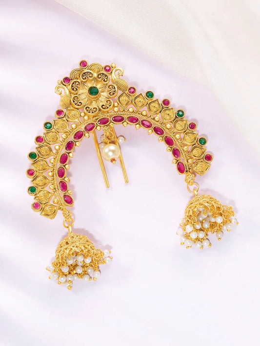 Peora Jhumka Floral Ruby Green Juda Pin - Gold