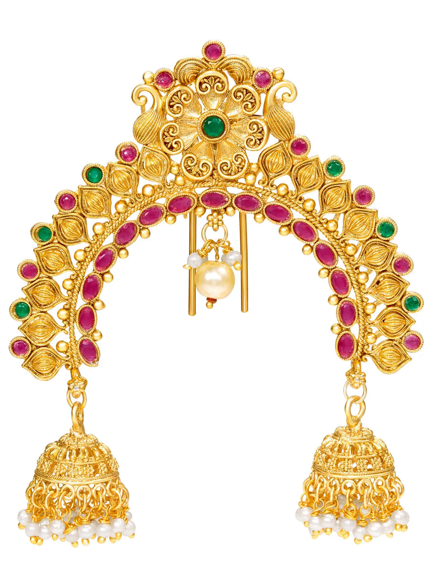 Peora Jhumka Floral Ruby Green Juda Pin - Gold