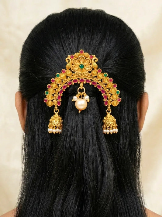 Peora Jhumka Floral Ruby Green Juda Pin - Gold