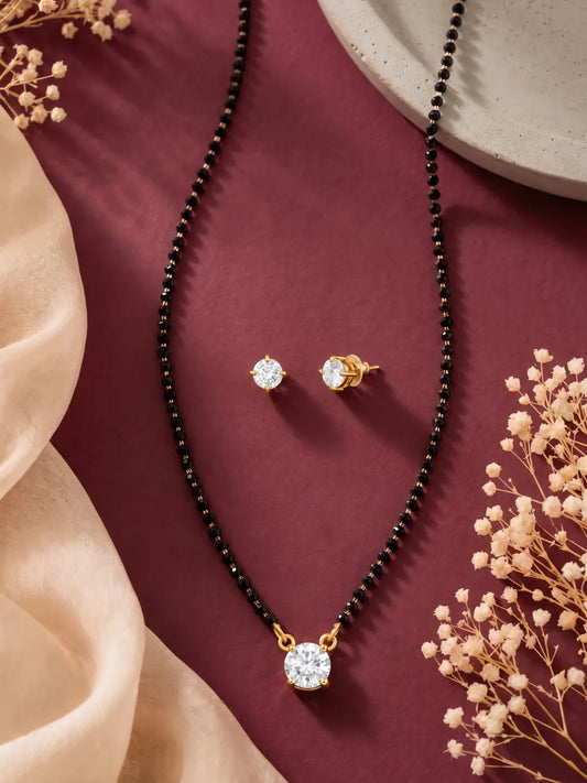 Gold Plated Black Bead Solitaire Pendant Set