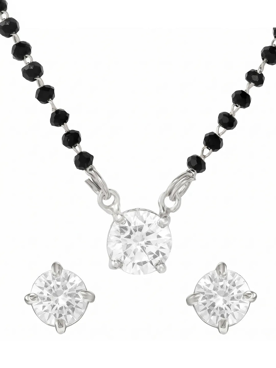 Rhodium Plated Black Bead Solitaire Pendant Set