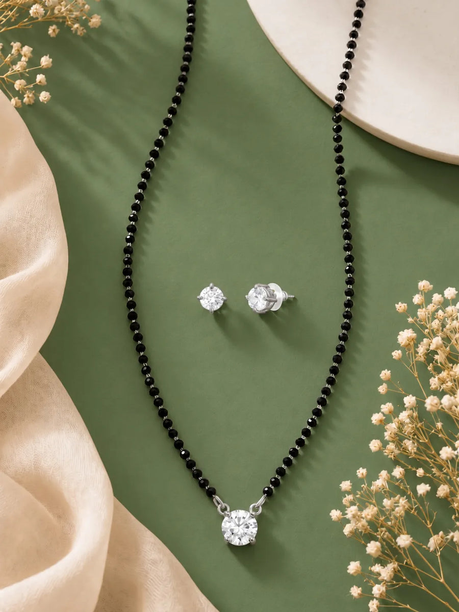 Rhodium Plated Black Bead Solitaire Pendant Set