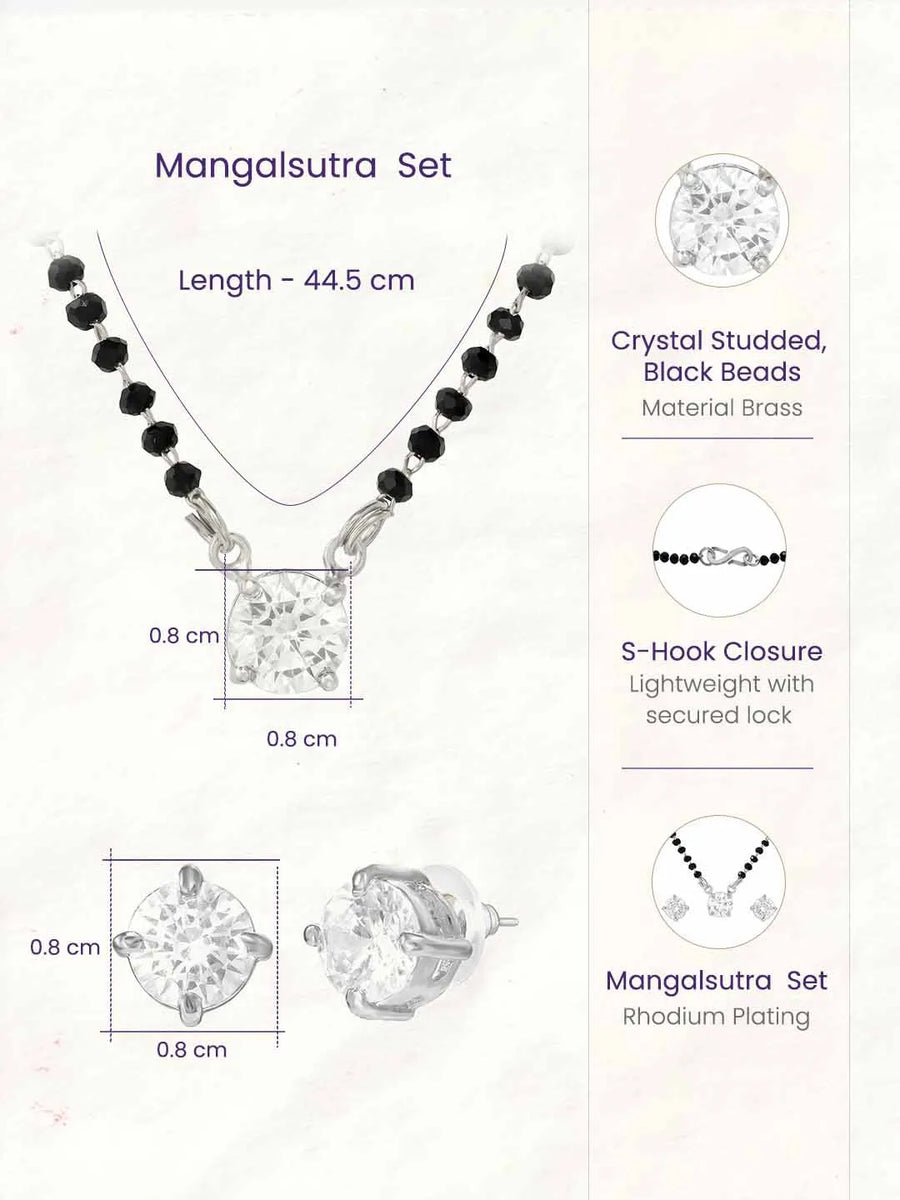 Rhodium Plated Black Bead Solitaire Pendant Set