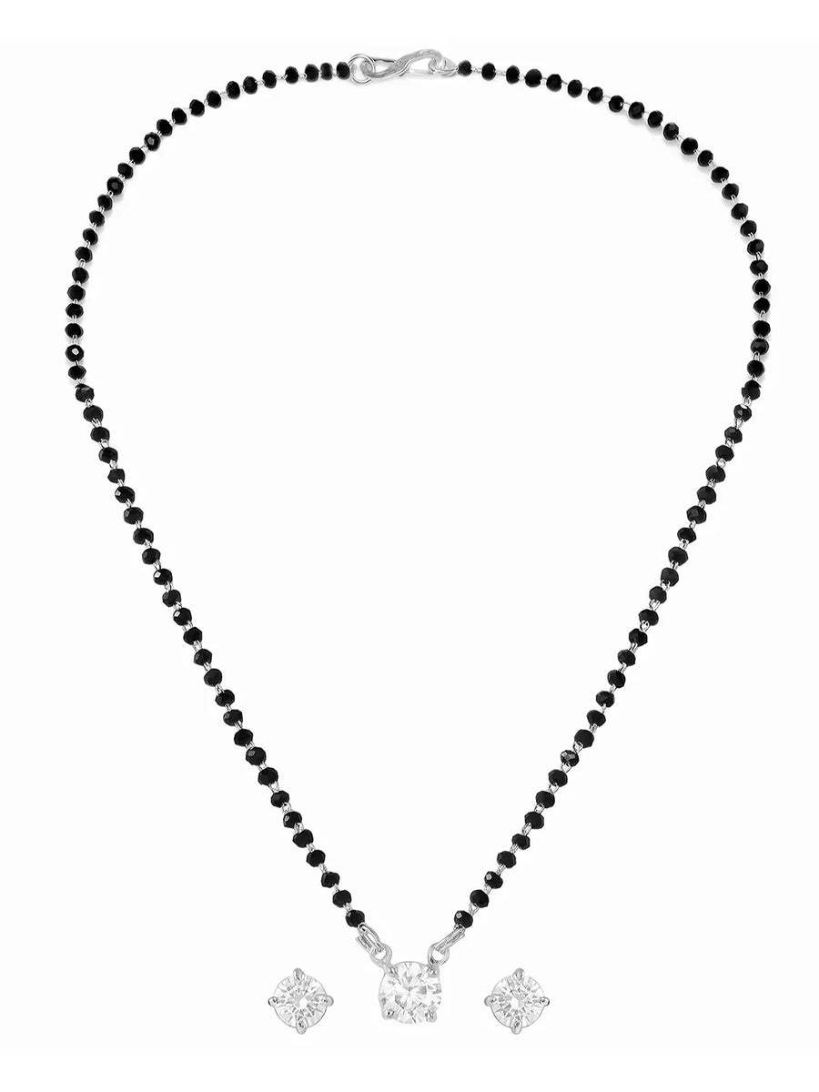 Rhodium Plated Black Bead Solitaire Pendant Set