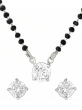 Rhodium Plated Black Bead Solitaire Pendant Set