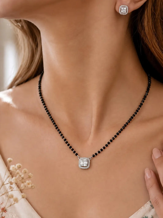 Rhodium Plated Crystal Halo Mangalsutra Set