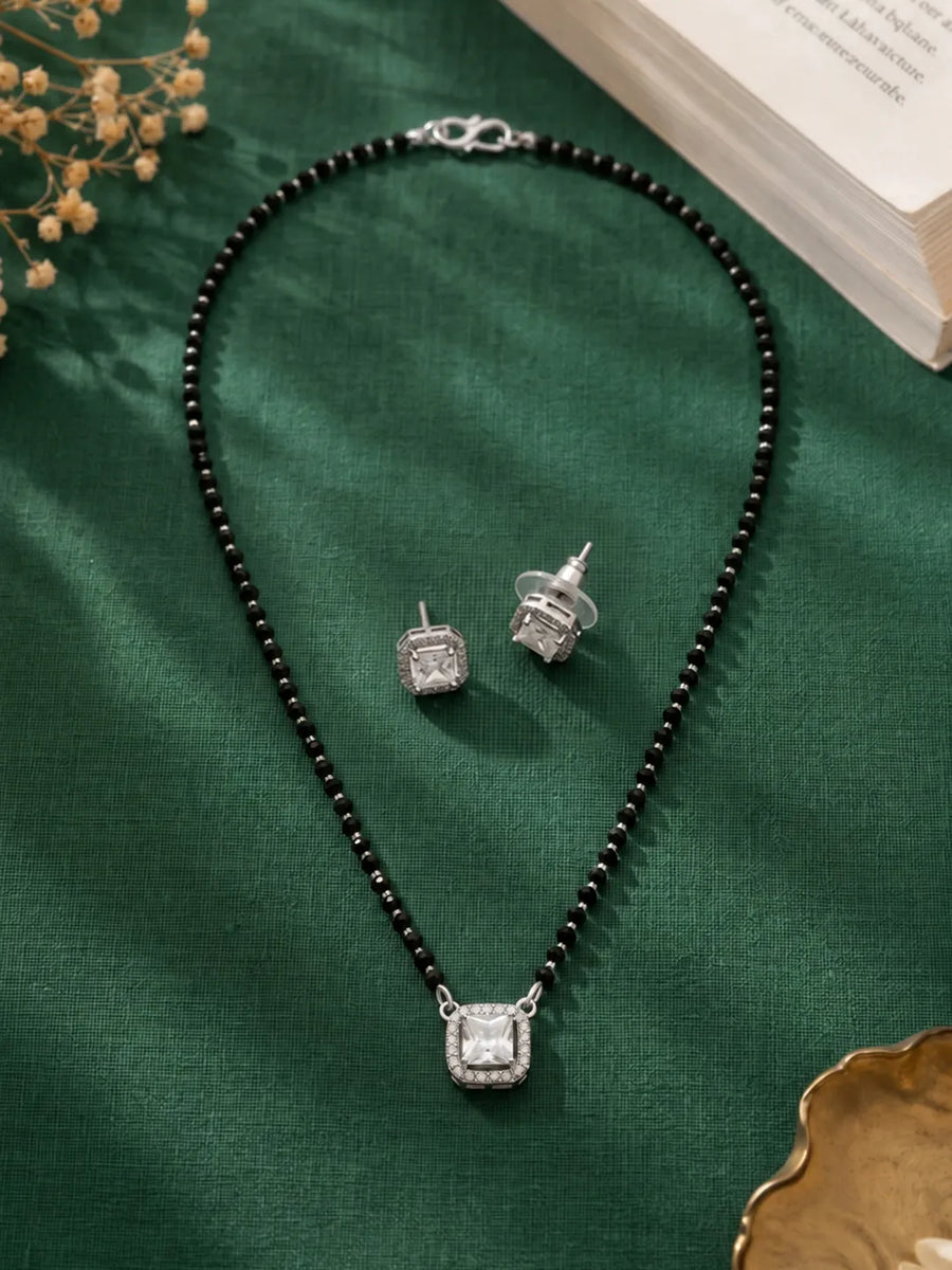 Rhodium Plated Crystal Halo Mangalsutra Set