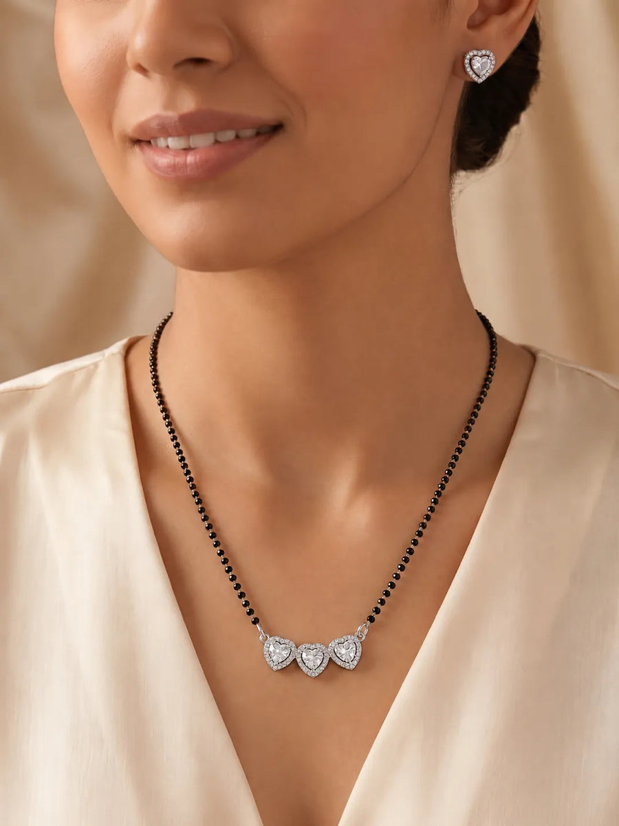 Rhodium Plated Heart Trio Mangalsutra Set