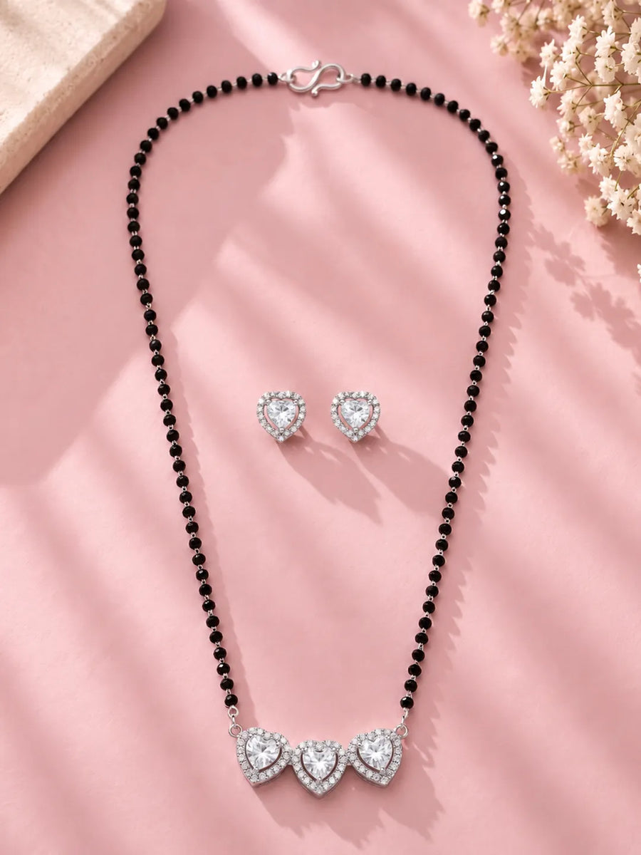 Rhodium Plated Heart Trio Mangalsutra Set