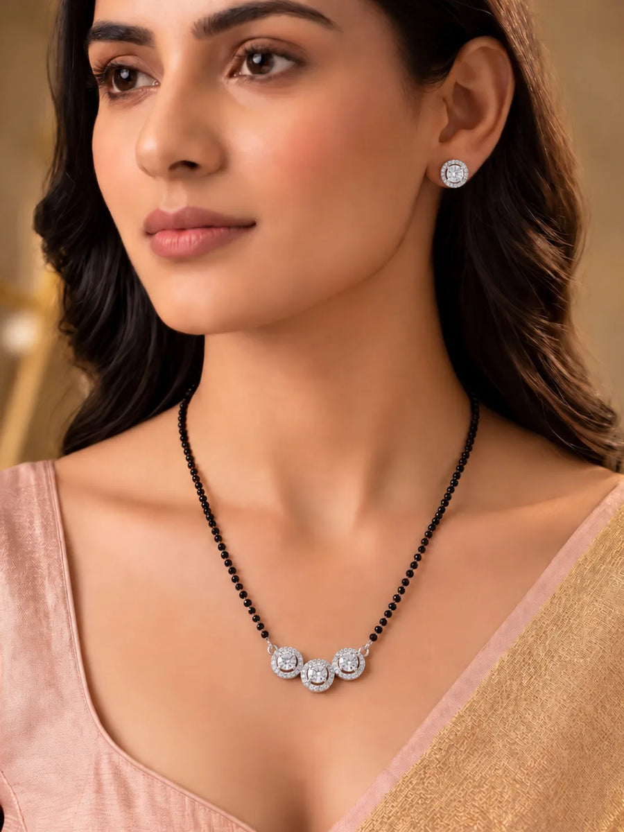 Rhodium Plated Three Stone Mangalsutra Set