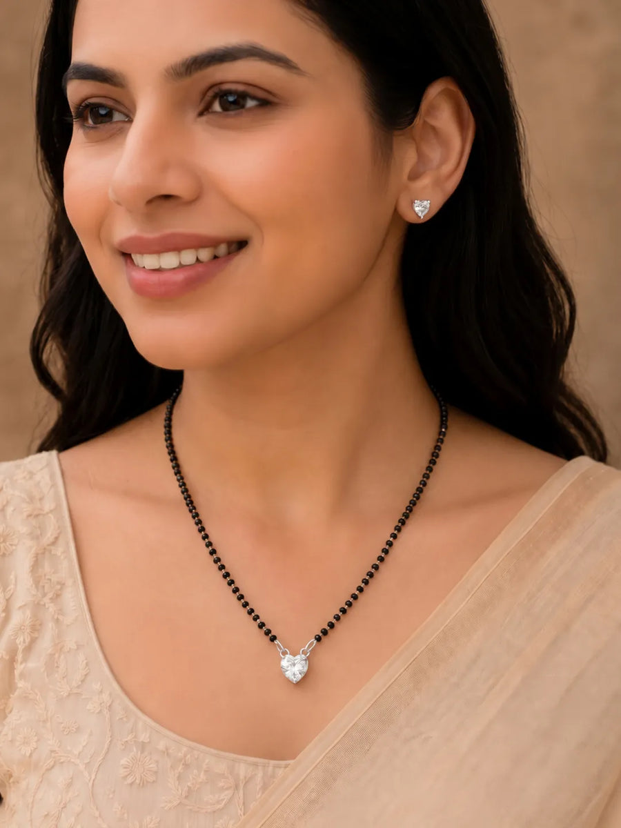 Rhodium Plated Heart Solitaire Mangalsutra Set