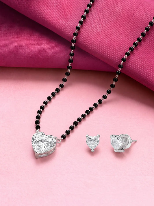 Rhodium Plated Heart Solitaire Mangalsutra Set