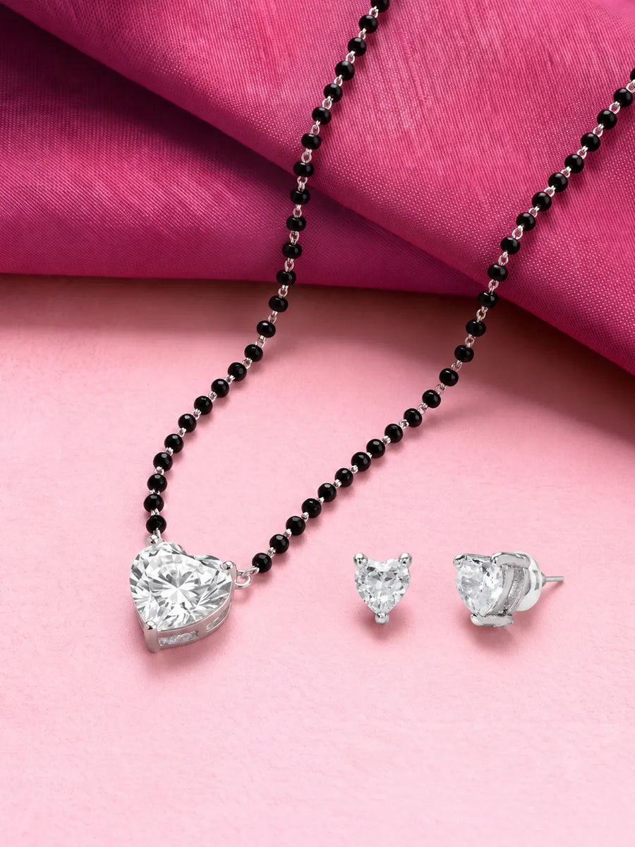 Rhodium Plated Heart Solitaire Mangalsutra Set