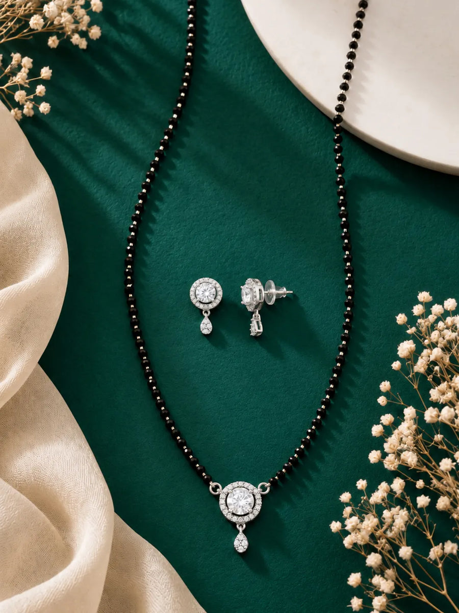 Rhodium Plated Halo Drop Mangalsutra Set