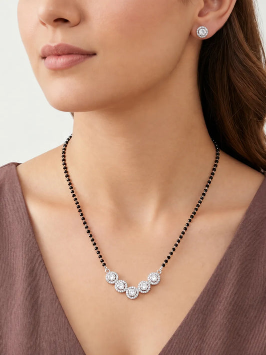 Rhodium Plated Black Bead Halo Necklace Set