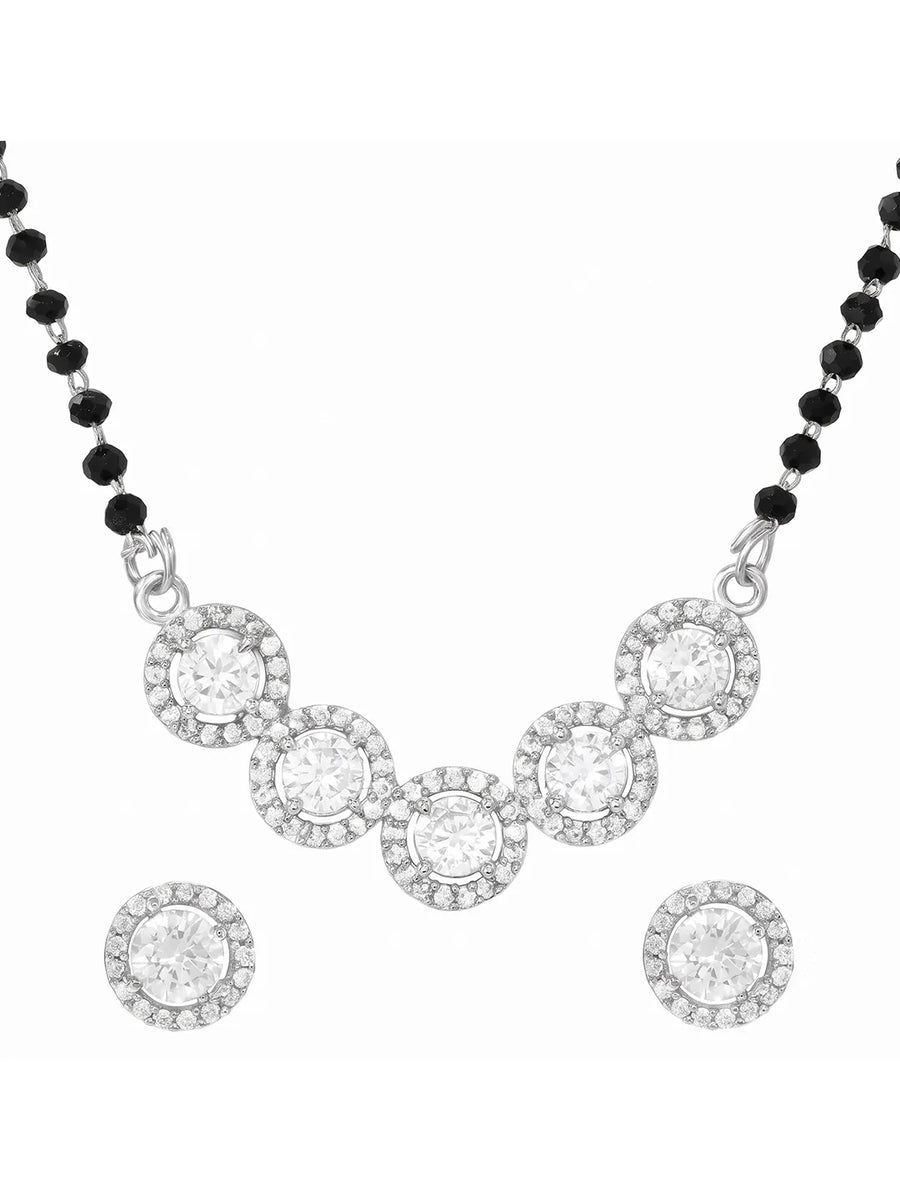 Rhodium Plated Black Bead Halo Necklace Set