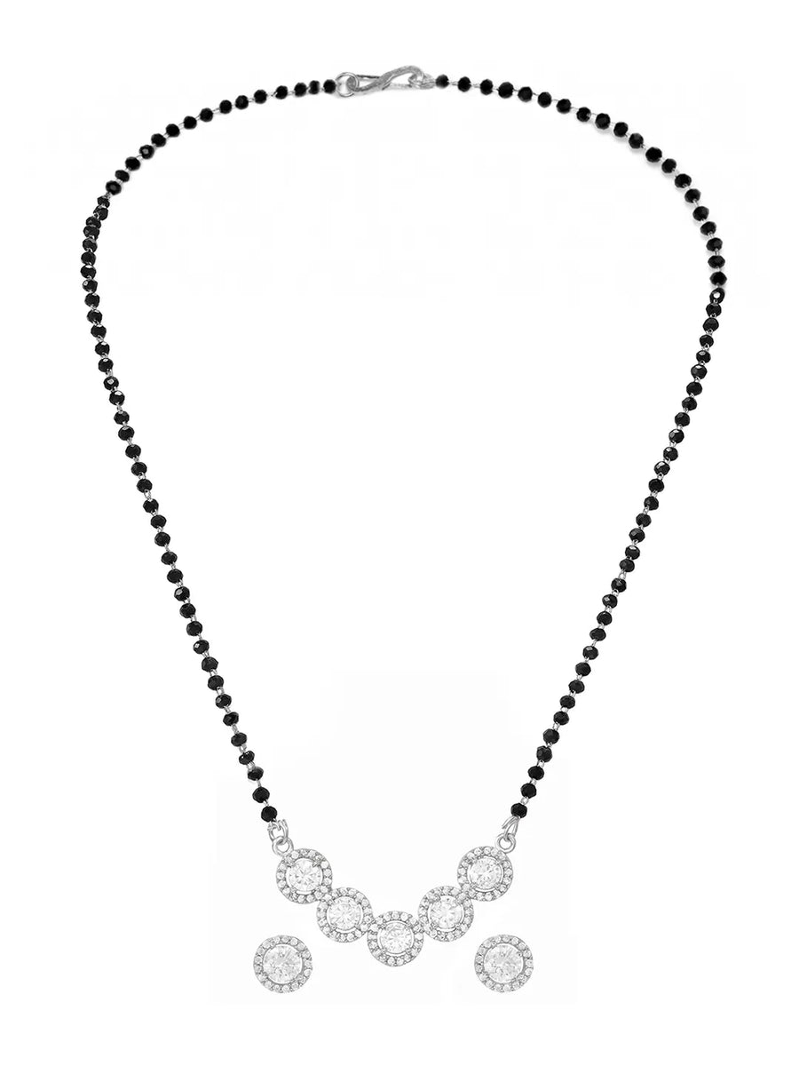 Rhodium Plated Black Bead Halo Necklace Set