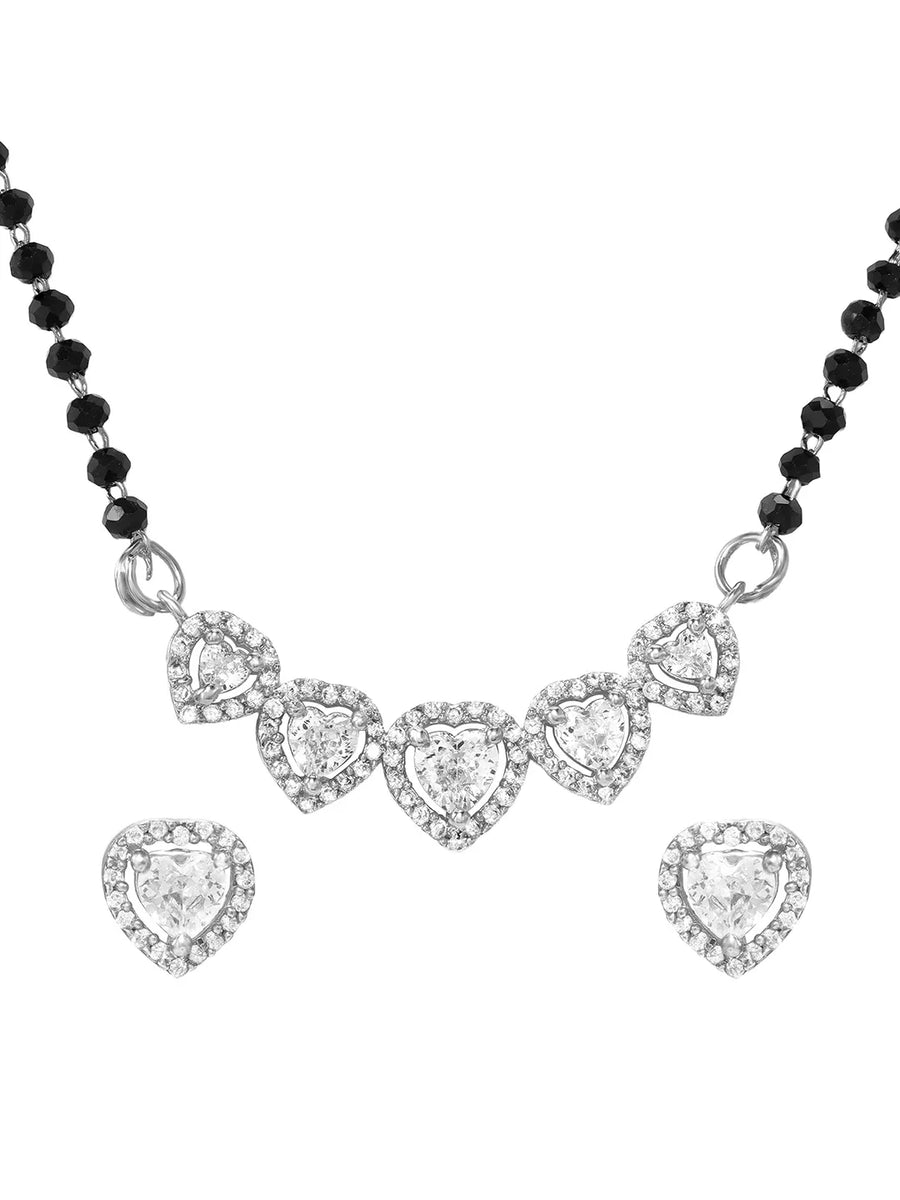 Rhodium Plated Black Bead Heart Necklace Set