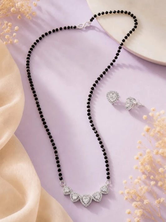 Rhodium Plated Black Bead Heart Necklace Set