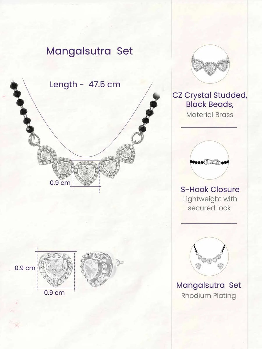 Rhodium Plated Black Bead Heart Necklace Set