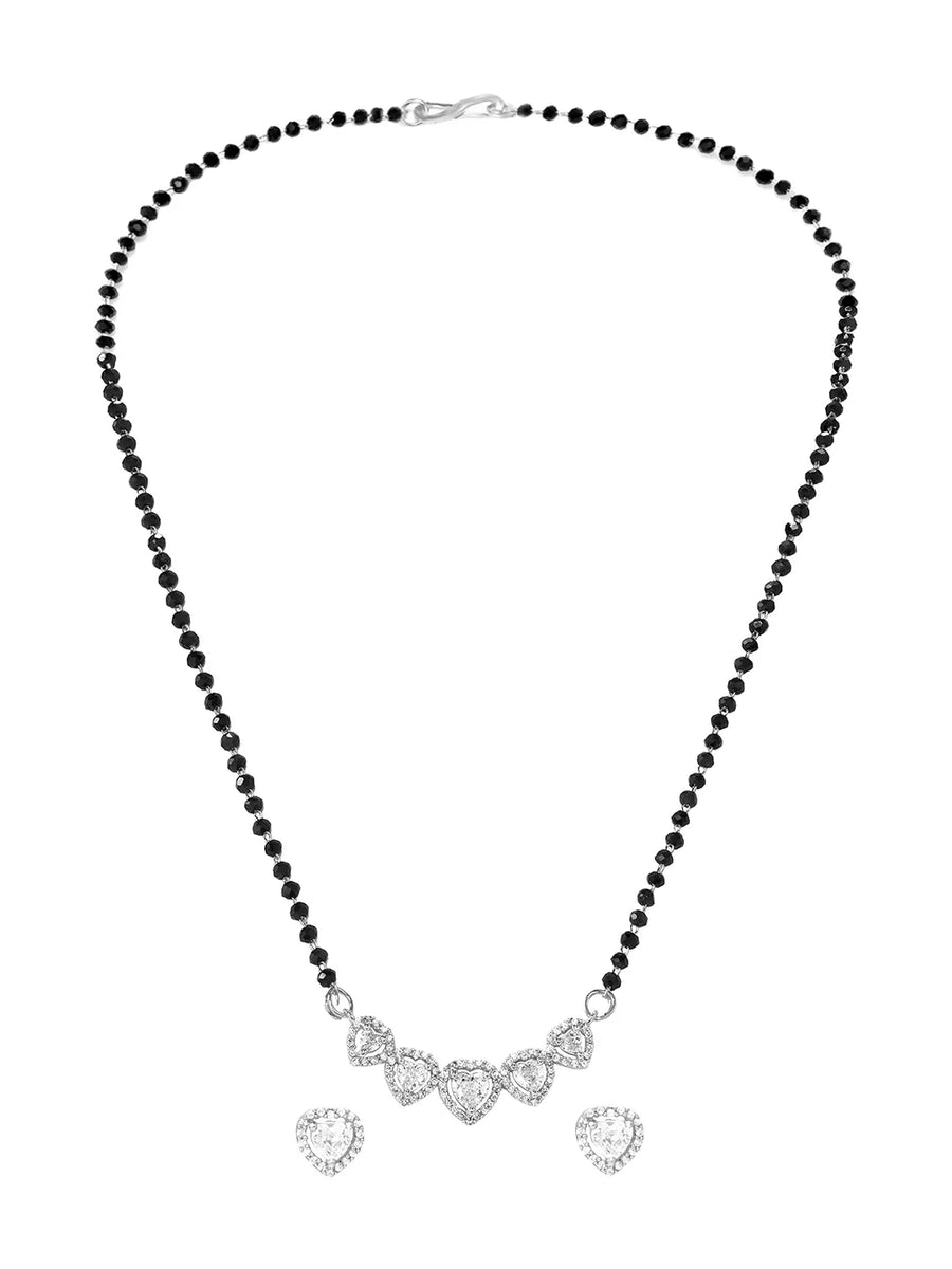 Rhodium Plated Black Bead Heart Necklace Set