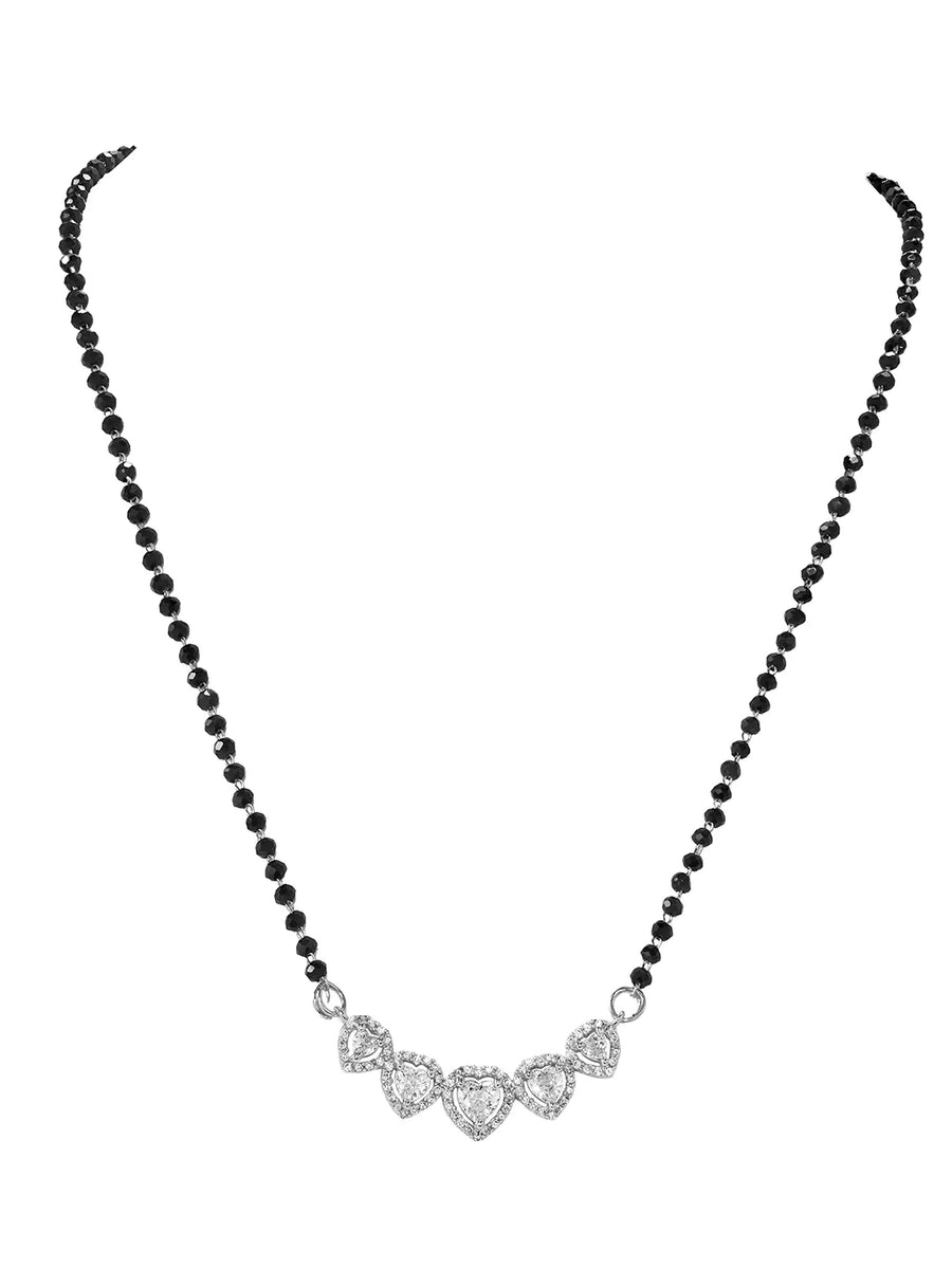 Rhodium Plated Black Bead Heart Necklace Set