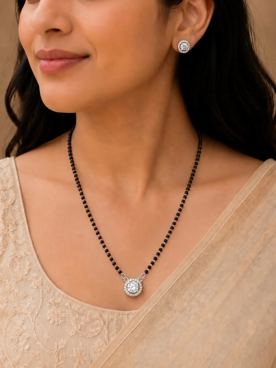 Rhodium Plated Solitaire Halo Mangalsutra Set