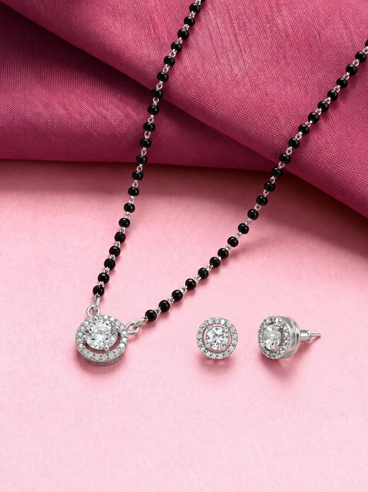 Rhodium Plated Solitaire Halo Mangalsutra Set